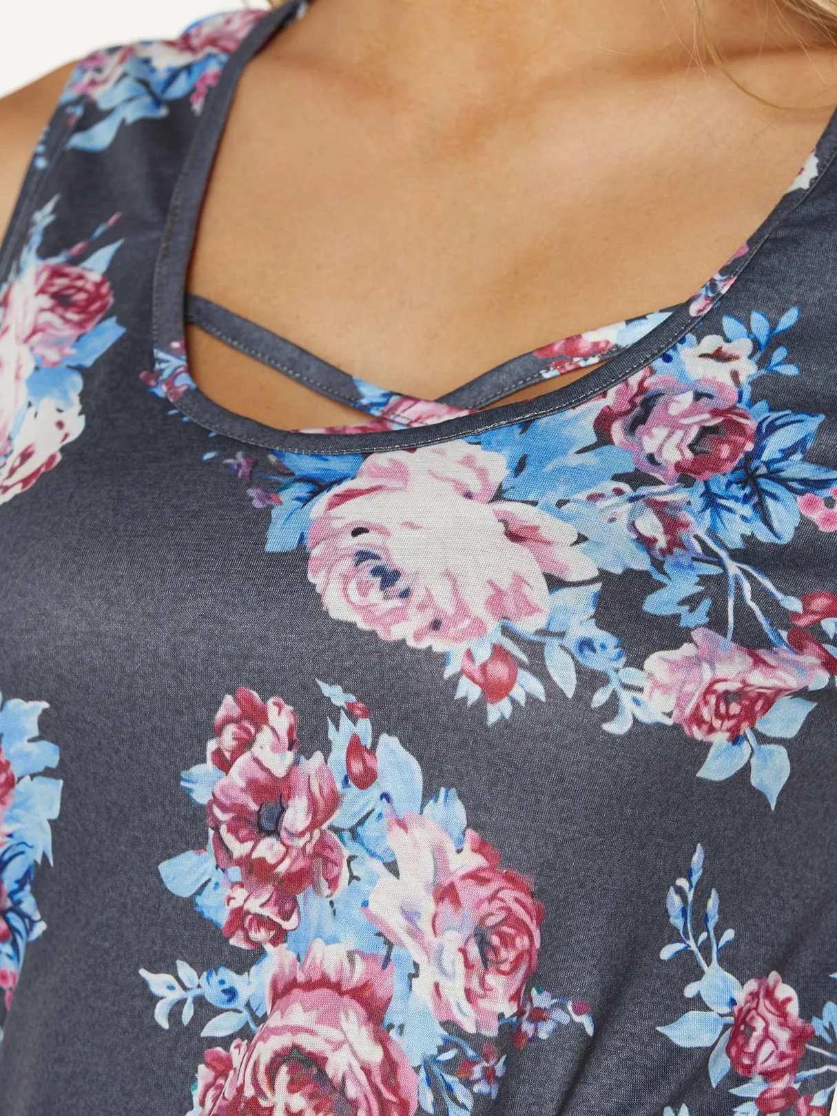 Custom Cold Shoulder Floral Print Crossed Front Short Sleeve Grey Blouses