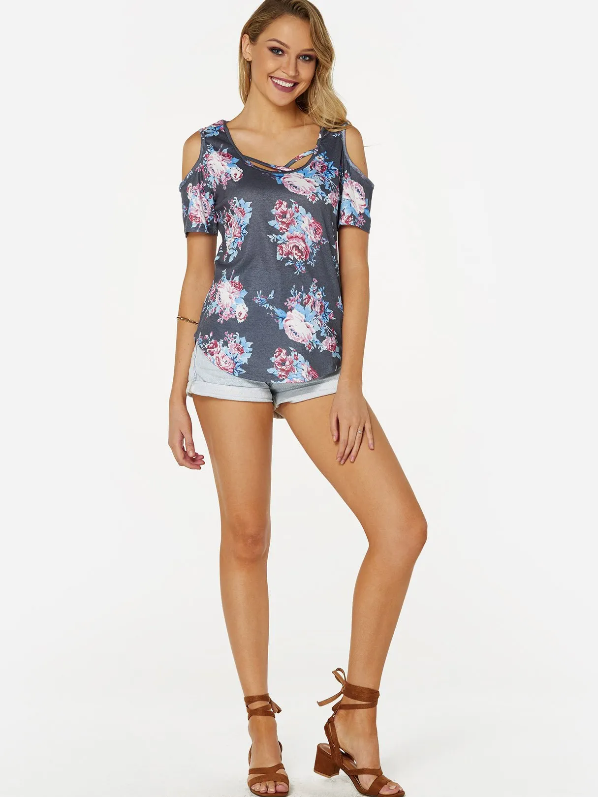Custom Cold Shoulder Floral Print Crossed Front Short Sleeve Grey Blouses