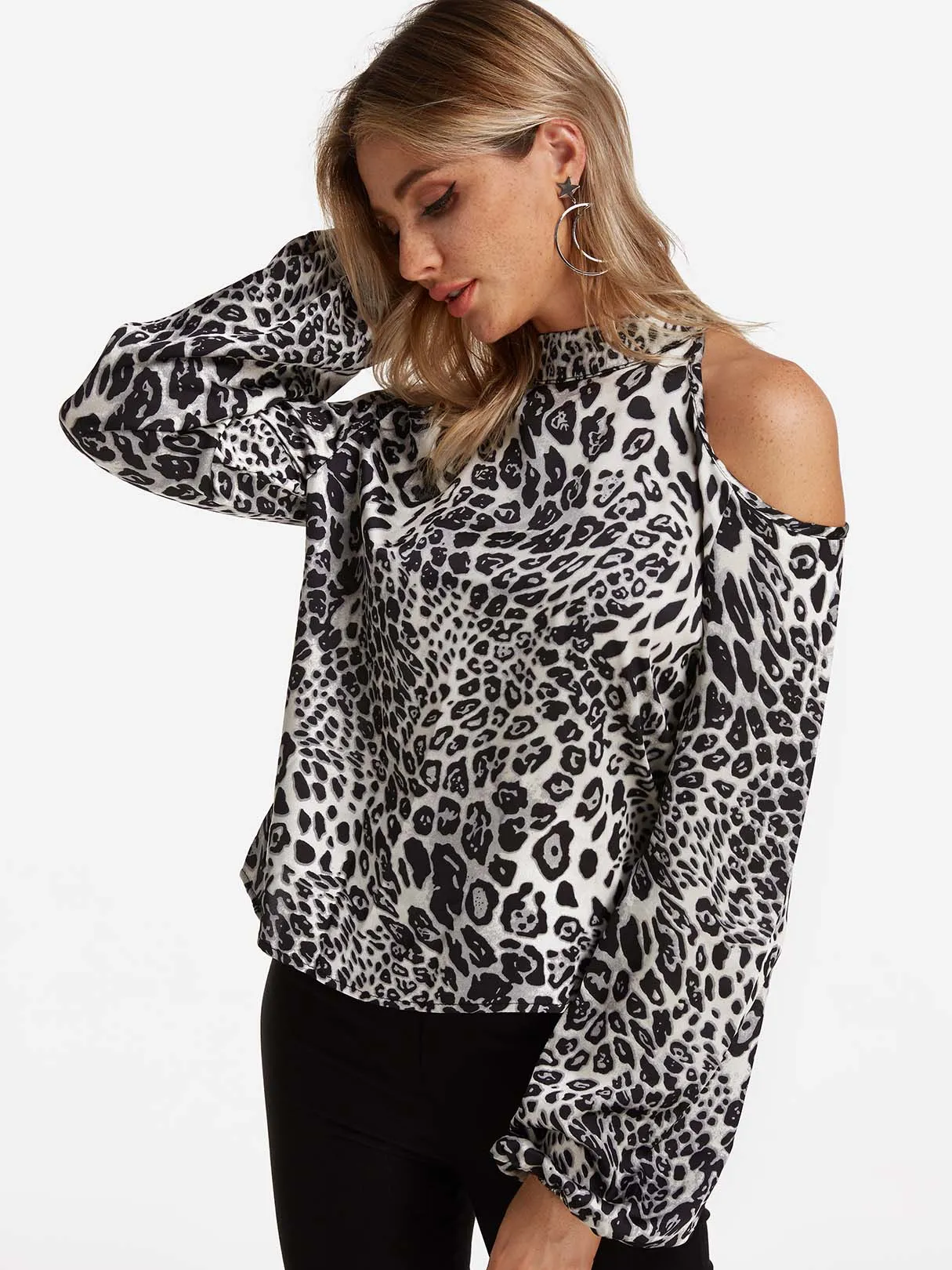 Custom Halter Cold Shoulder Leopard Long Sleeve Grey Blouses