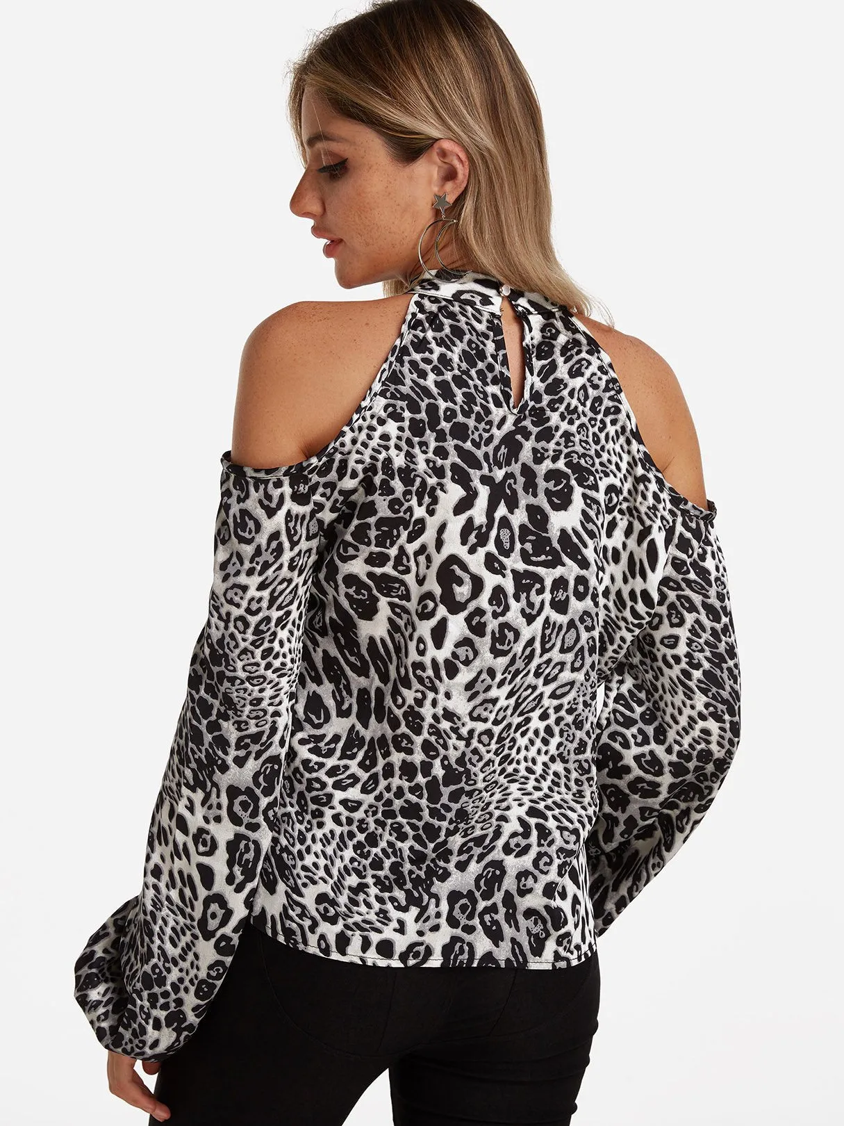 Custom Halter Cold Shoulder Leopard Long Sleeve Grey Blouses