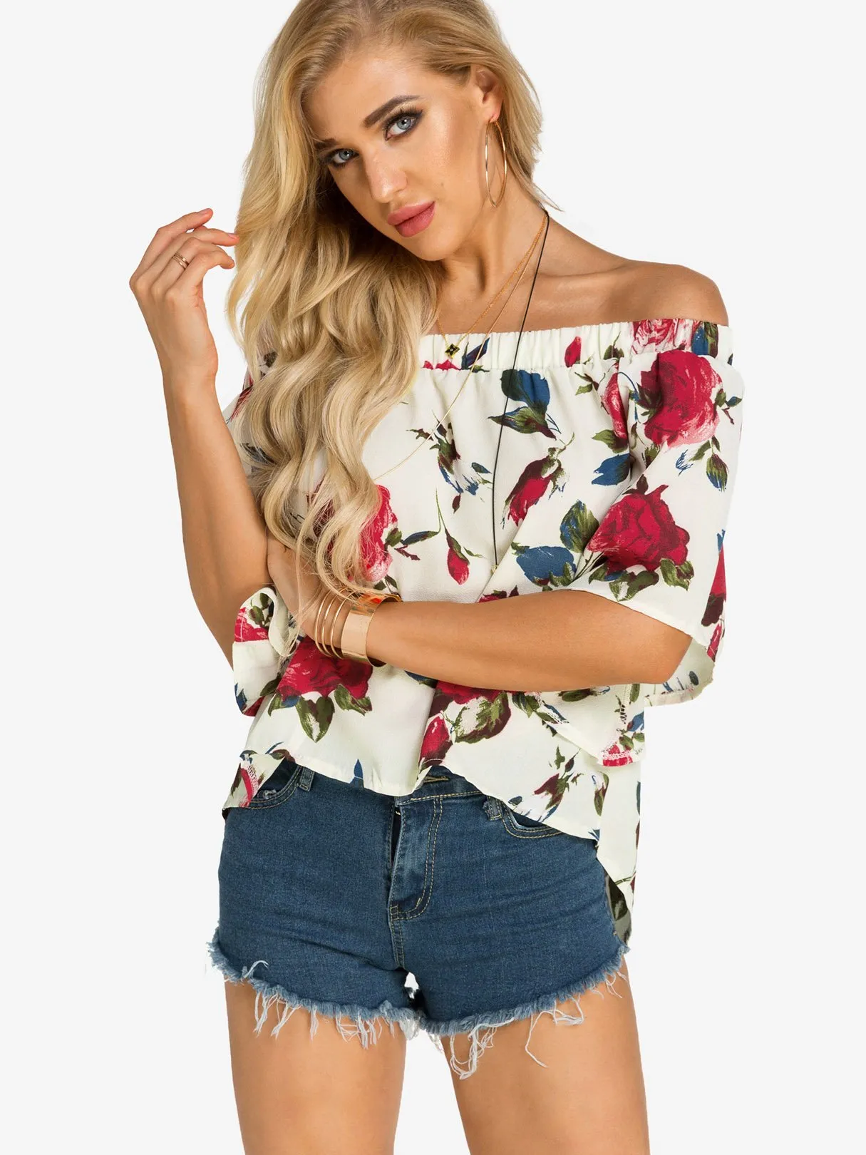 Custom Off The Shoulder Floral Print Slit Half Sleeve Blouses