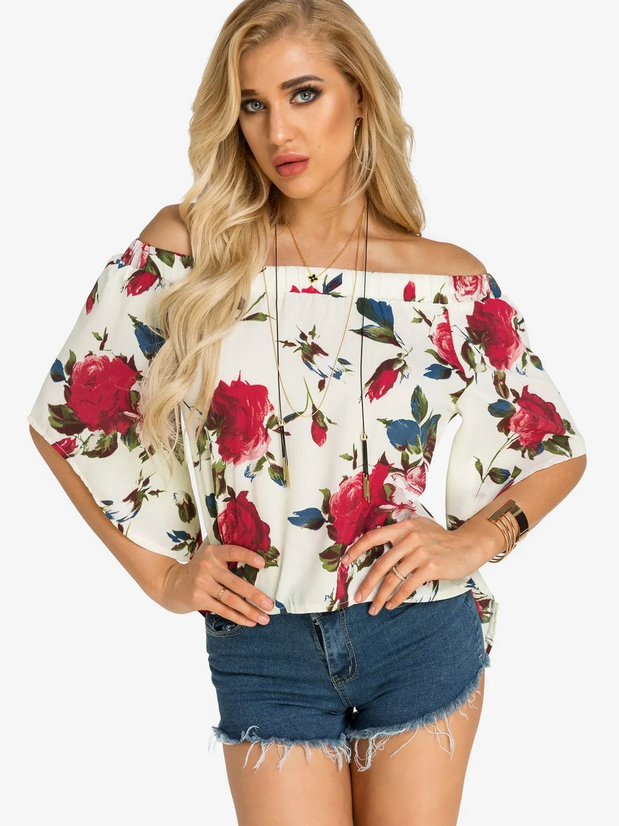 Custom Off The Shoulder Floral Print Slit Half Sleeve Blouses