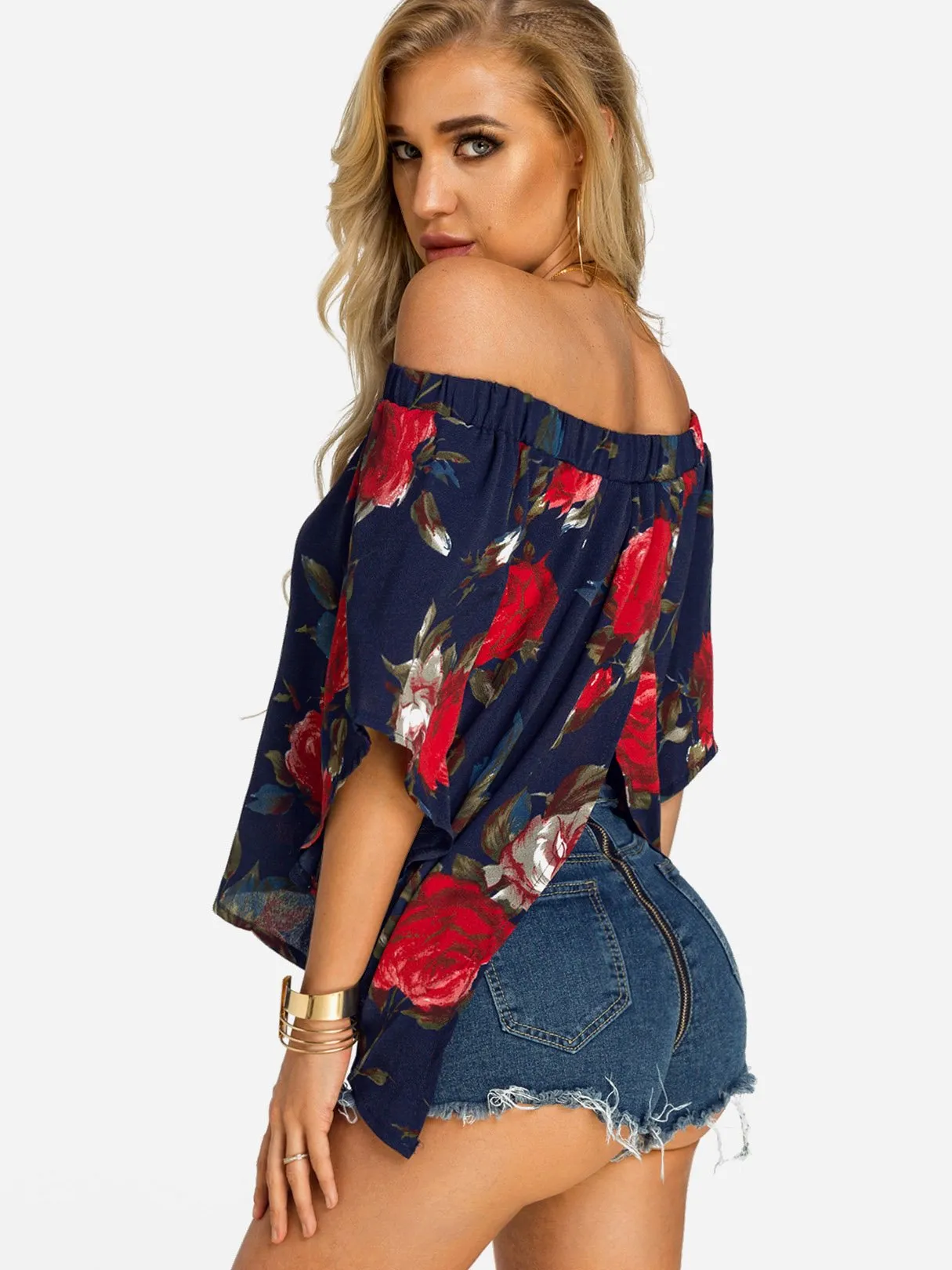 Custom Off The Shoulder Floral Print Slit Half Sleeve Blouses