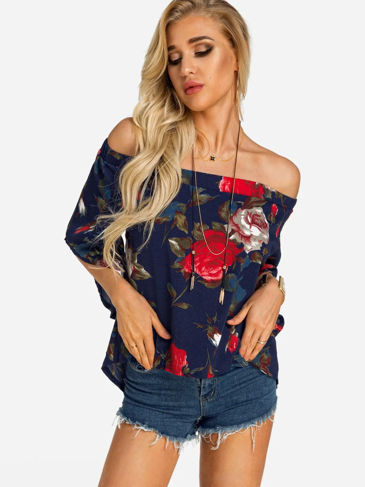 Custom Off The Shoulder Floral Print Slit Half Sleeve Blouses