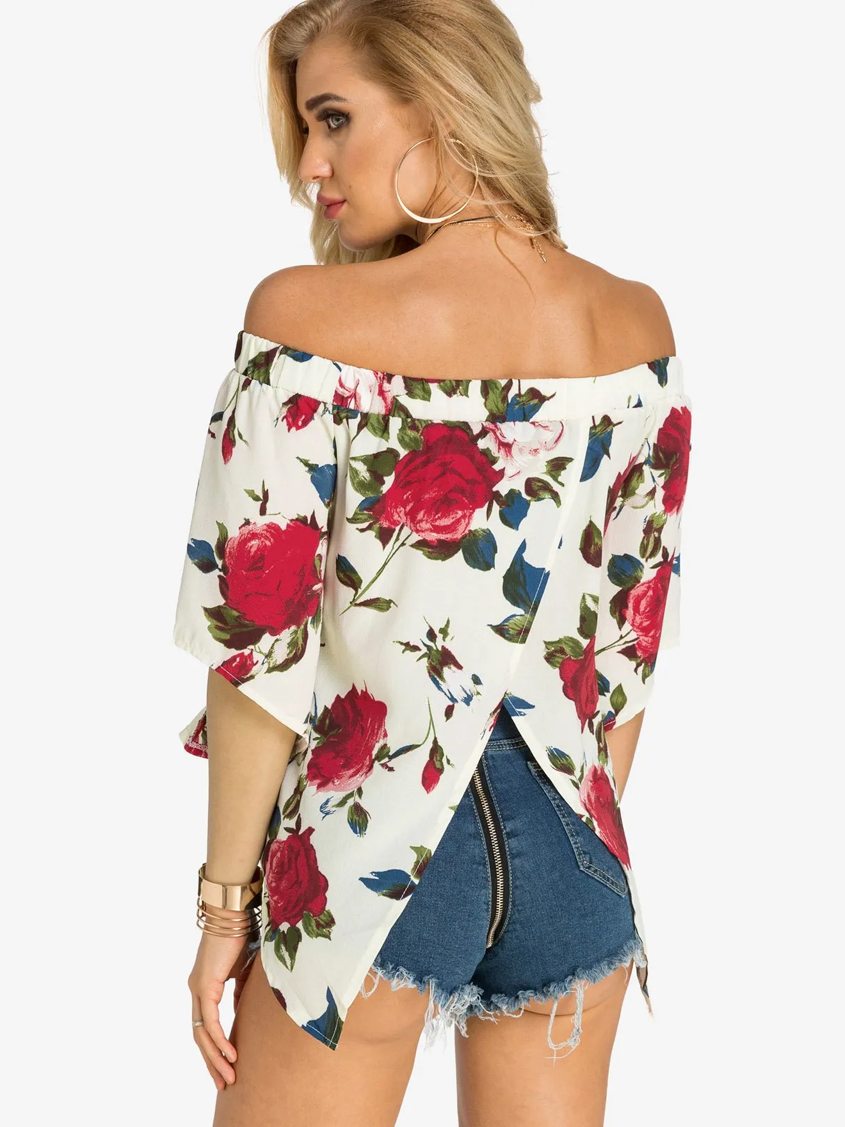 Custom Off The Shoulder Floral Print Slit Half Sleeve Blouses