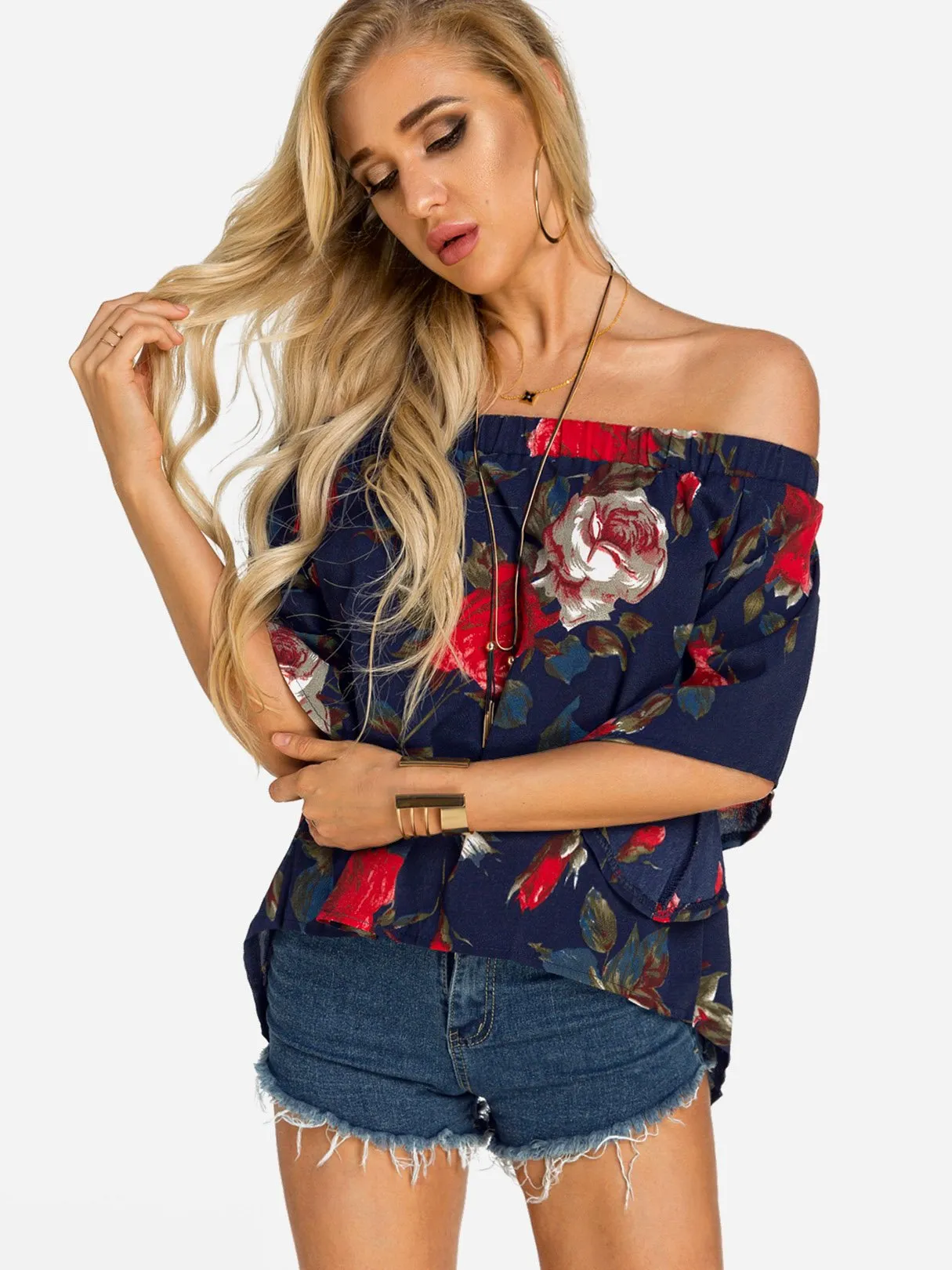 Custom Off The Shoulder Floral Print Slit Half Sleeve Blouses