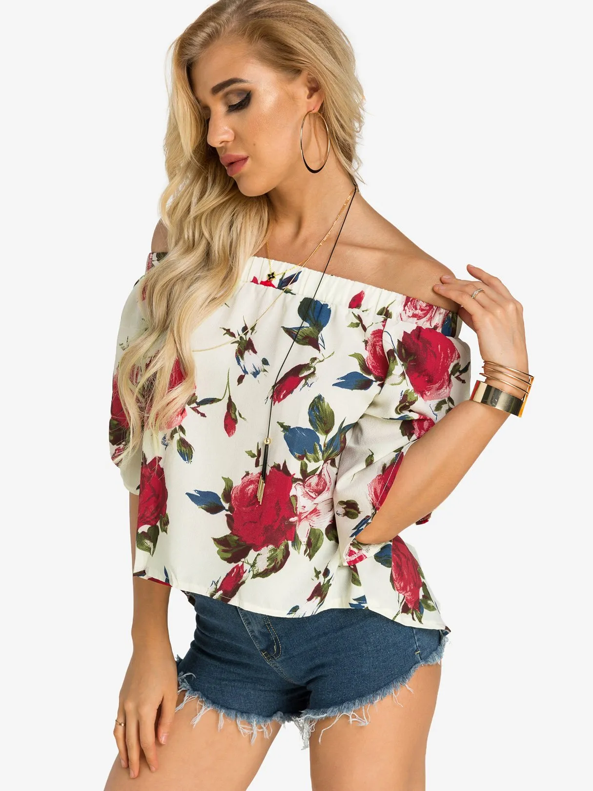 Custom Off The Shoulder Floral Print Slit Half Sleeve Blouses