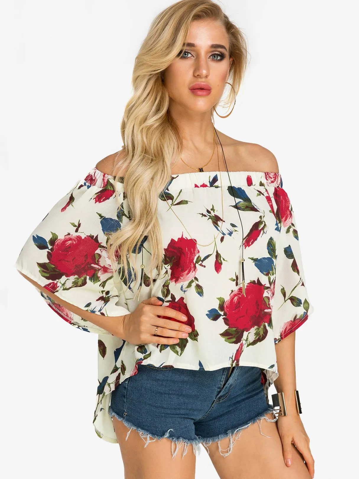 Custom Off The Shoulder Floral Print Slit Half Sleeve Blouses
