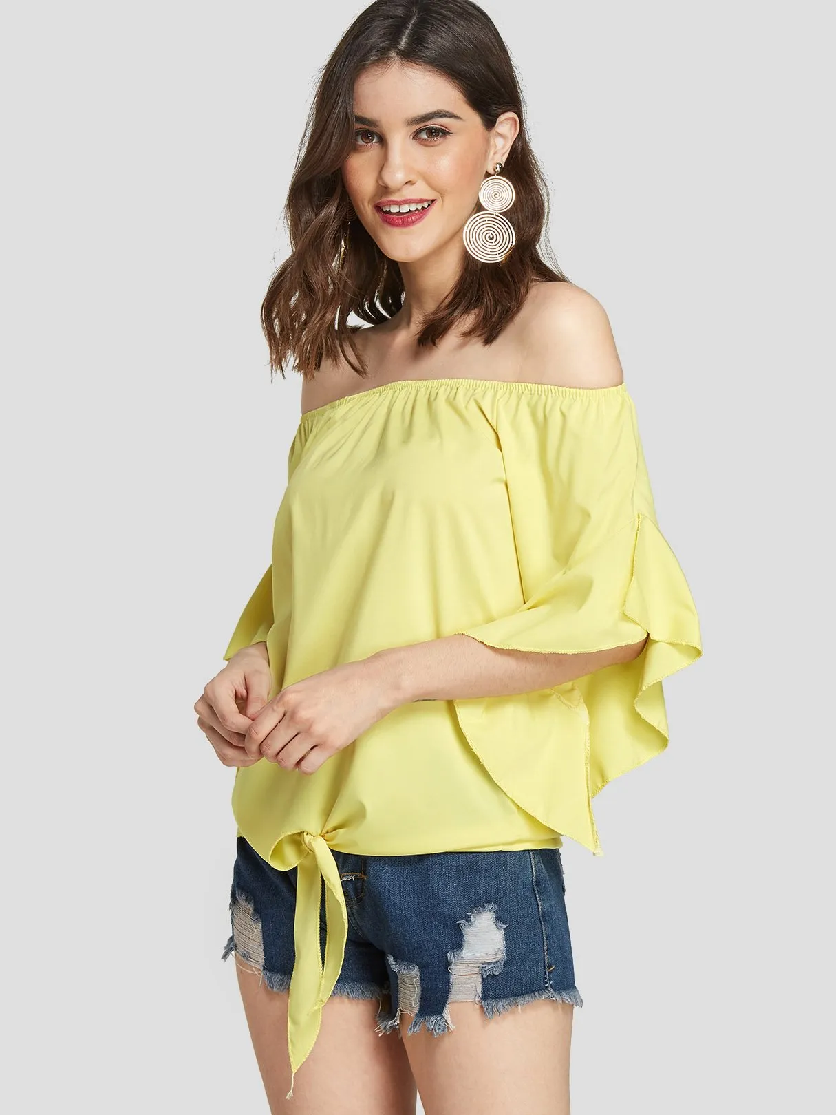 Custom Off The Shoulder Self-Tie Short Sleeve Blouses