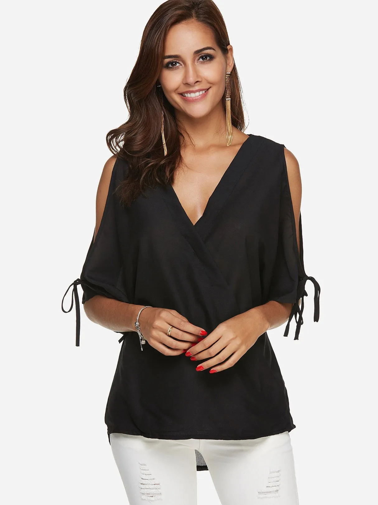 Custom V-Neck Cold Shoulder Plain Half Sleeve Top