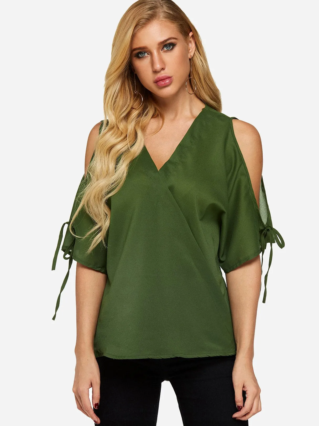 Custom V-Neck Cold Shoulder Plain Half Sleeve Top