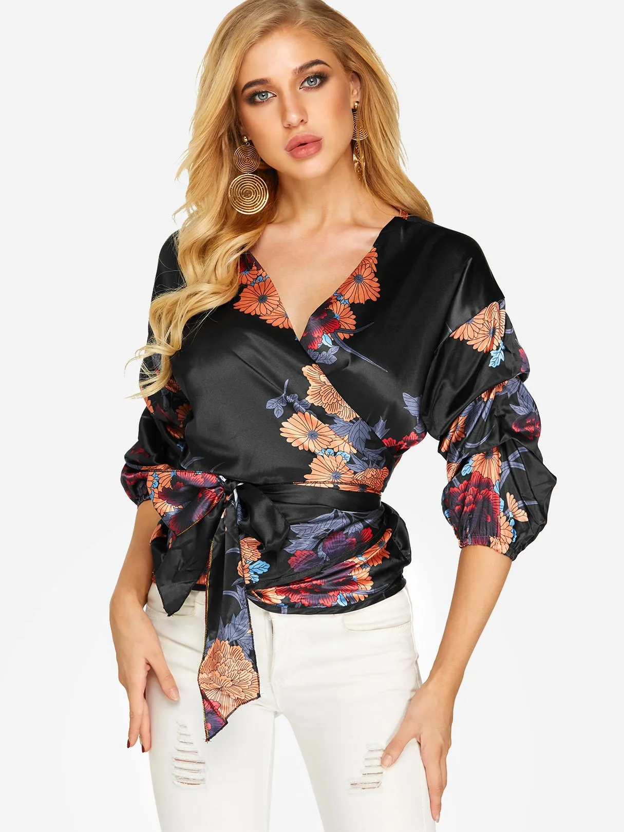 Custom V-Neck Floral Print Lace-Up 3/4 Sleeve Blouses