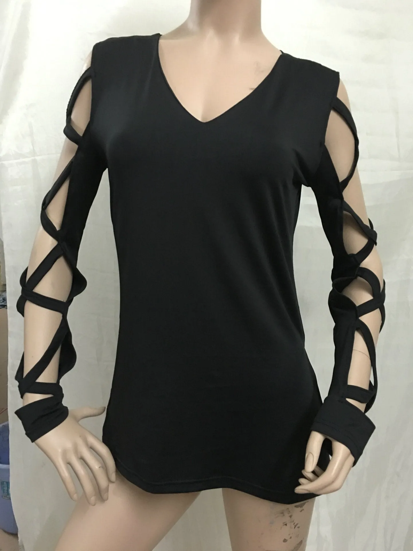 Deep V-neck Long Sleeves Hollow Out Irregular Blouse