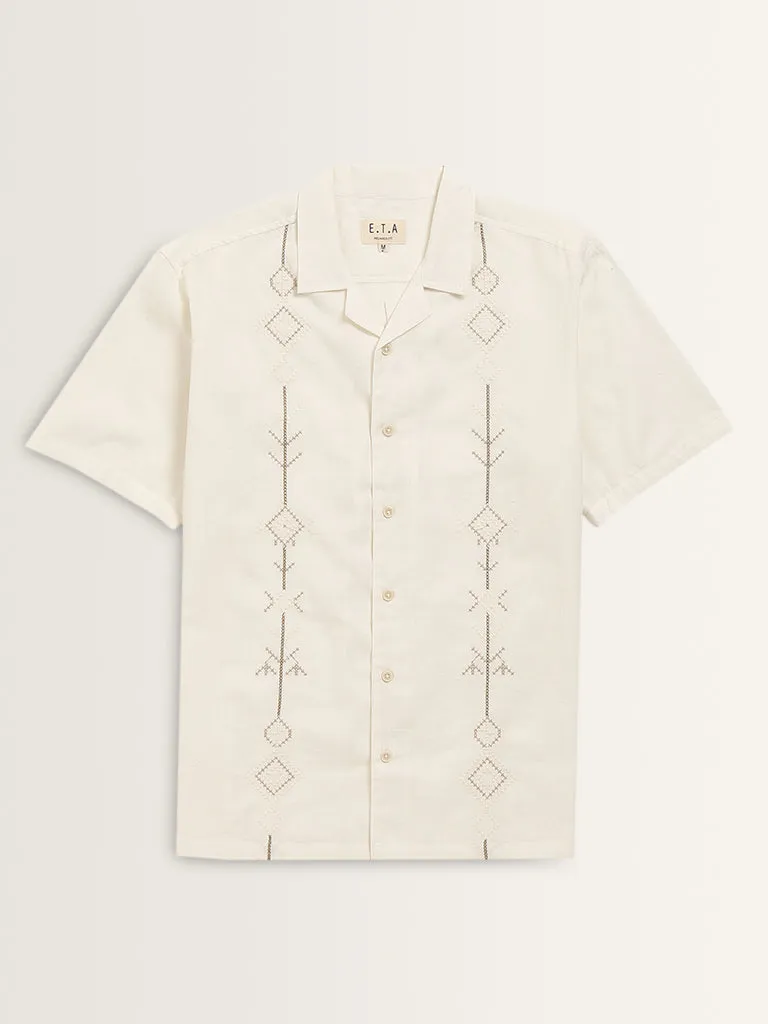 ETA White Embroidered Relaxed-Fit Cotton Blend Shirt