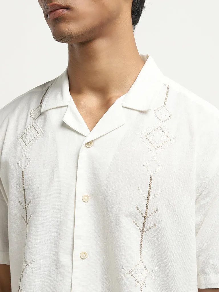 ETA White Embroidered Relaxed-Fit Cotton Blend Shirt