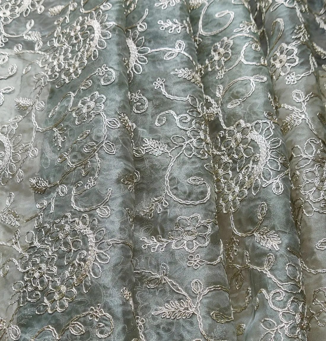 Green Floral Self Embroidered Organza Fabric