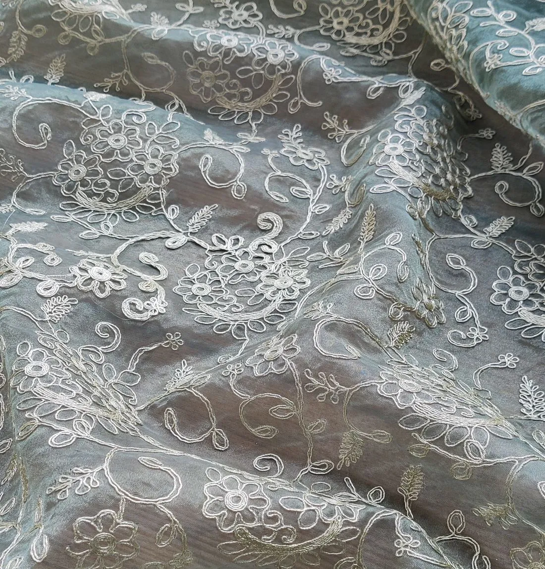 Green Floral Self Embroidered Organza Fabric