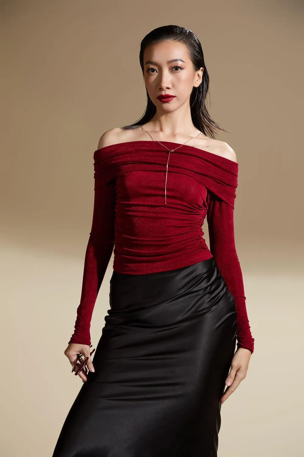 Julianna Gathered Off-Shoulder Polyester Spandex Top