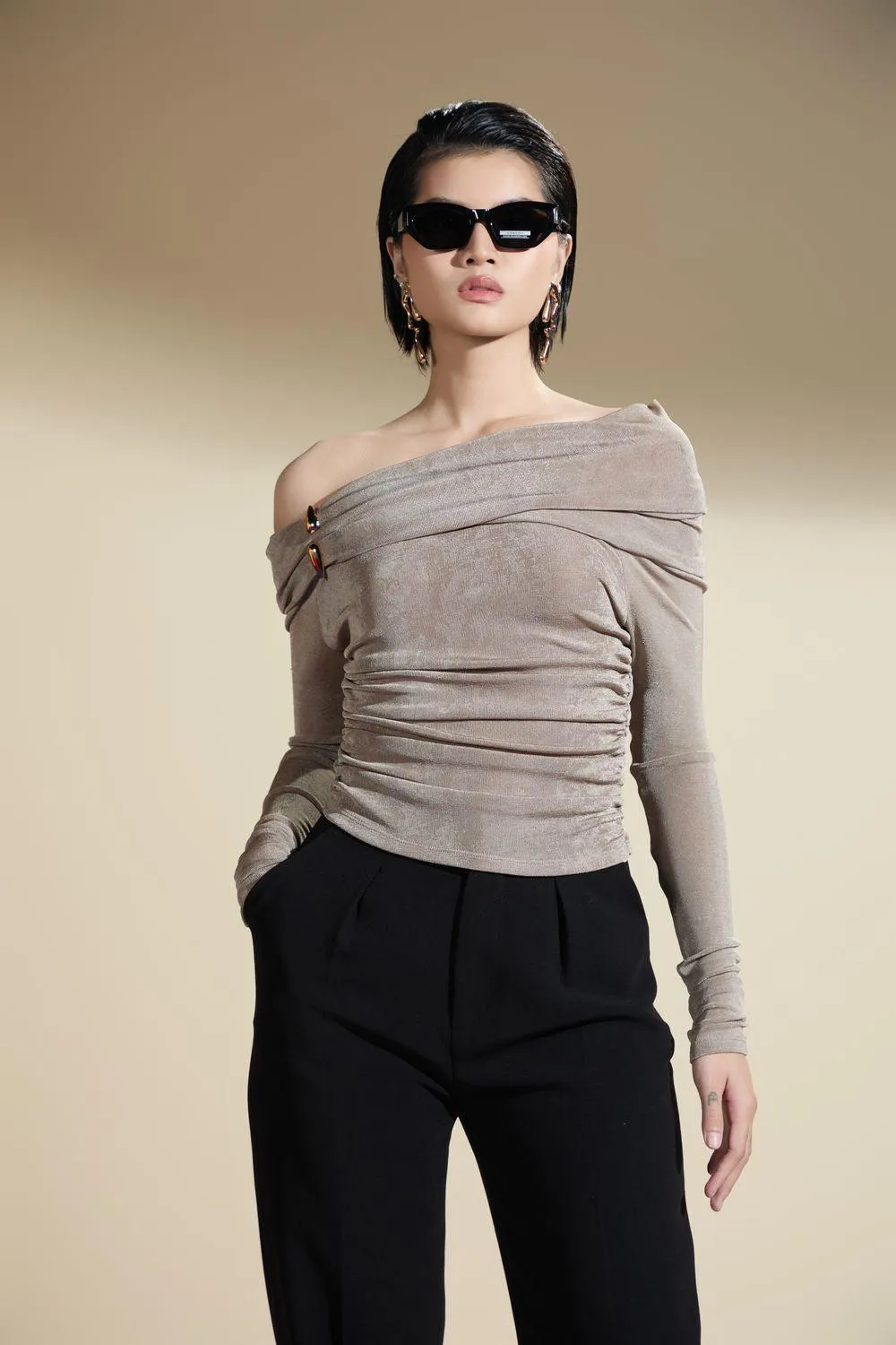 Julianna Gathered Off-Shoulder Polyester Spandex Top
