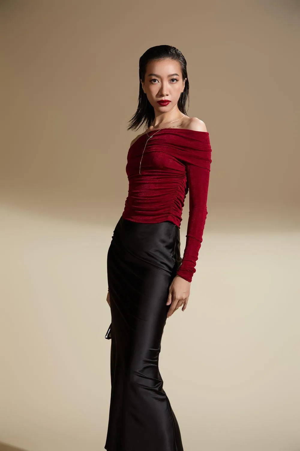 Julianna Gathered Off-Shoulder Polyester Spandex Top