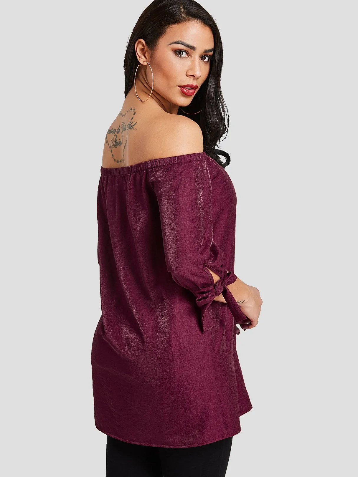 OEM ODM Off The Shoulder Self-Tie Half Sleeve Burgundy Blouses