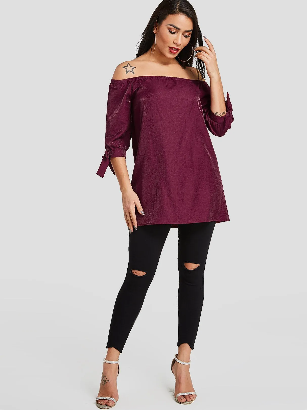OEM ODM Off The Shoulder Self-Tie Half Sleeve Burgundy Blouses