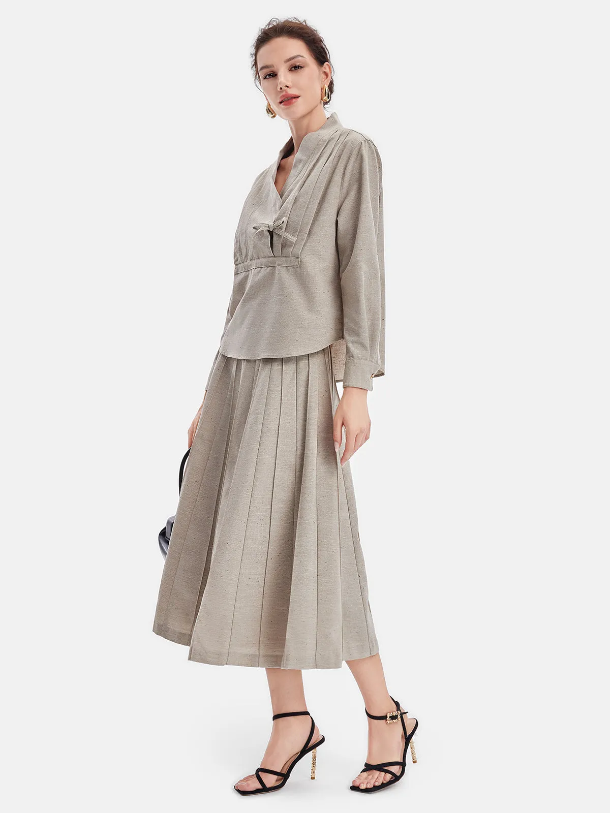 Oriental-Inspired Pleated Linen Shirt