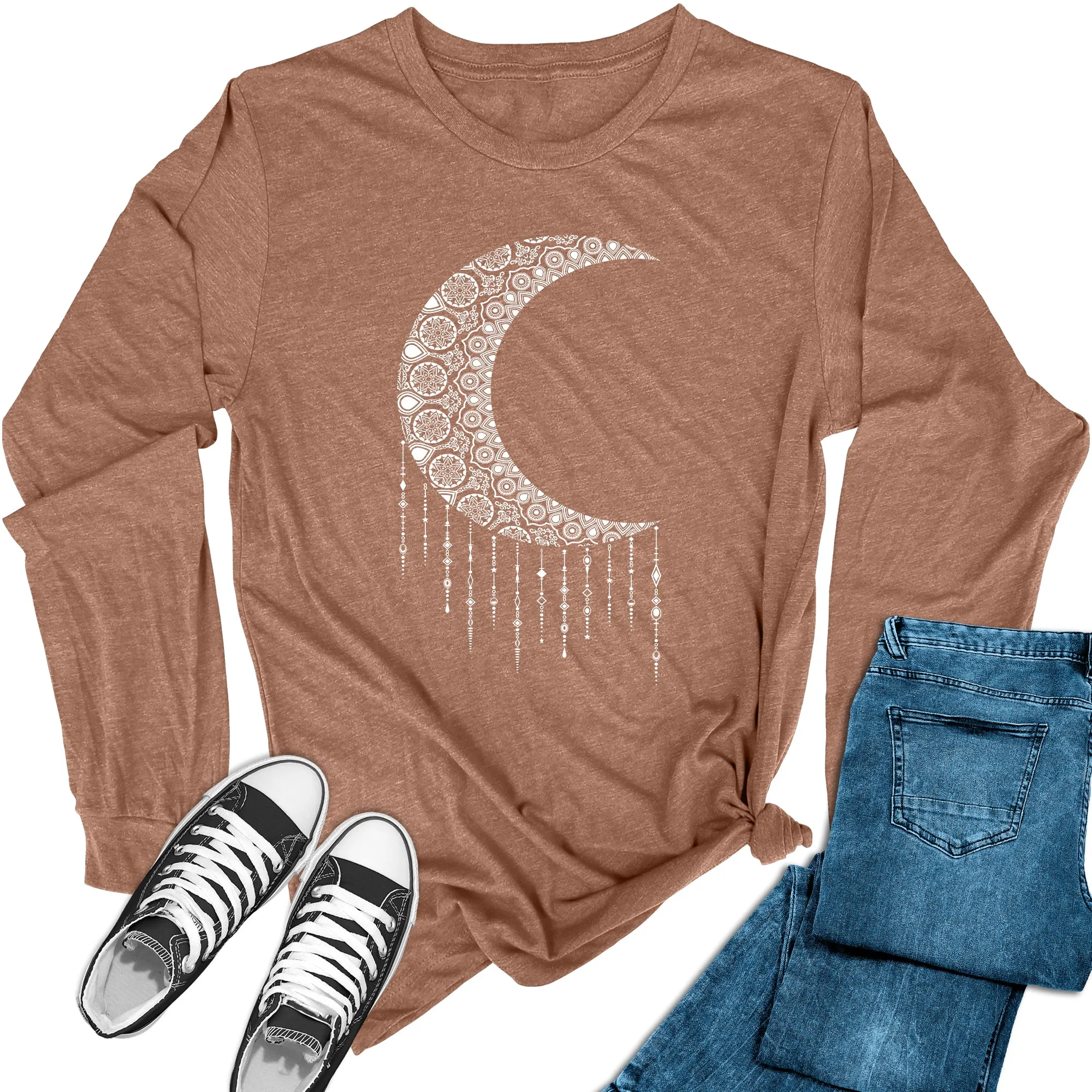 Women's Mandala Crescent Moon Long Sleeve Graphic Tees