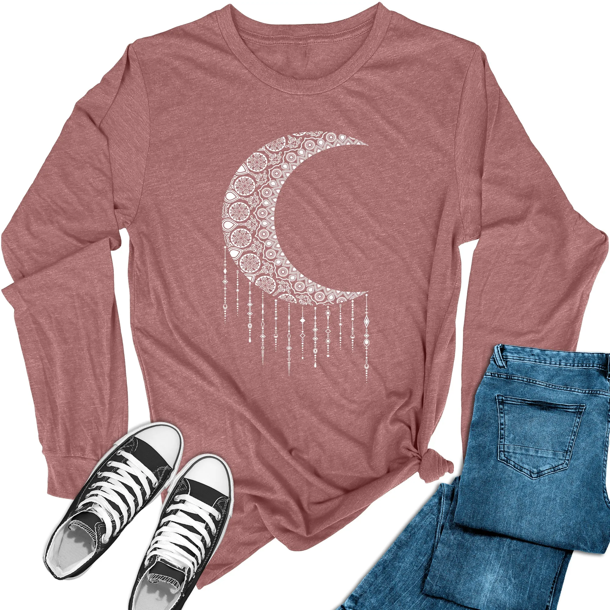 Women's Mandala Crescent Moon Long Sleeve Graphic Tees