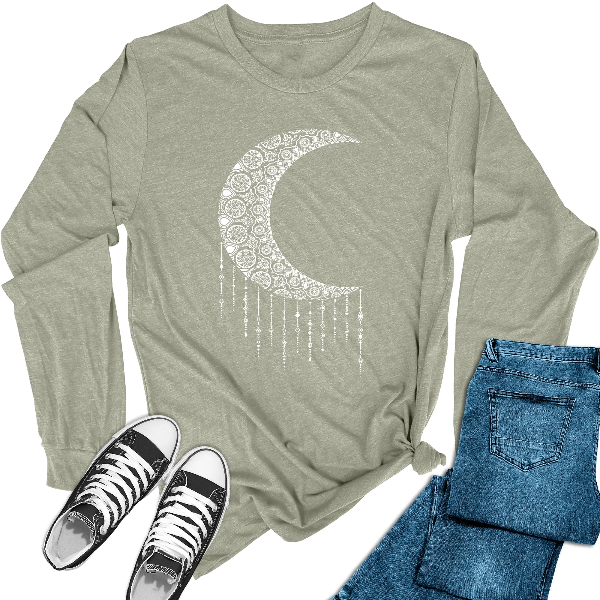 Women's Mandala Crescent Moon Long Sleeve Graphic Tees